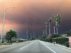 Road in Ventura County with smoke filled sky