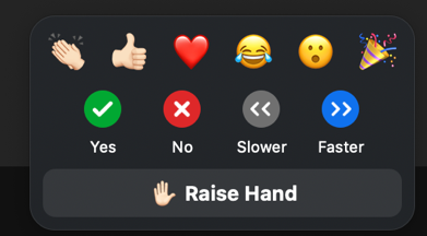 Screenshot of reactions menu in Zoom: top row of emojis for applause, thumbs up, heart, joy, open mouth, and tada (celebration). The second row is non-verbal feedback options: Yes, No, Slower, and Faster. The bottom row is the Raise hand button.