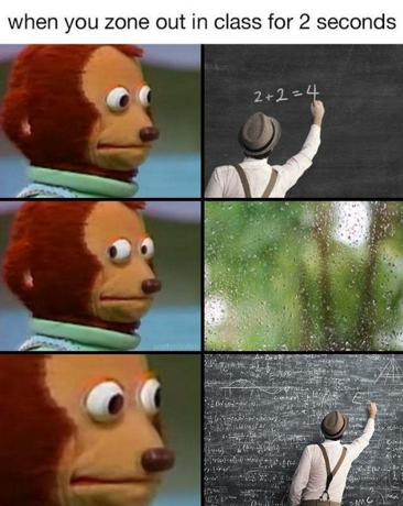 A meme split in two columns and three rows. The top row has a monkey character looking to the right which is a person writing 2 + 2 = 4 on a clean chalkboard. The second row is the same monkey on the left and a window with blurred trees in the distant. The last row is a close up of the monkey and on the right the chalkboard is now full of writing.