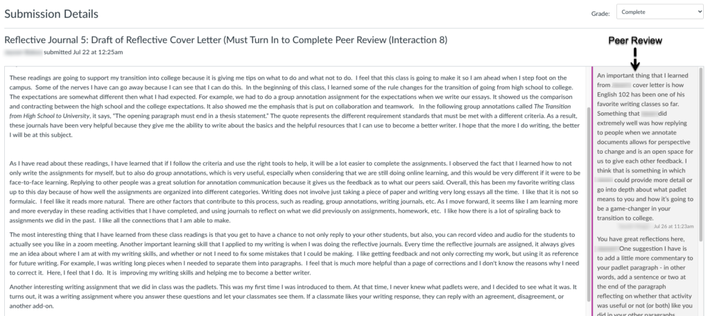 A screenshot of a completed peer review in Canvas that includes both the student’s initial assignment submission text (left side) and the peer review comments their group members added on the right pane.