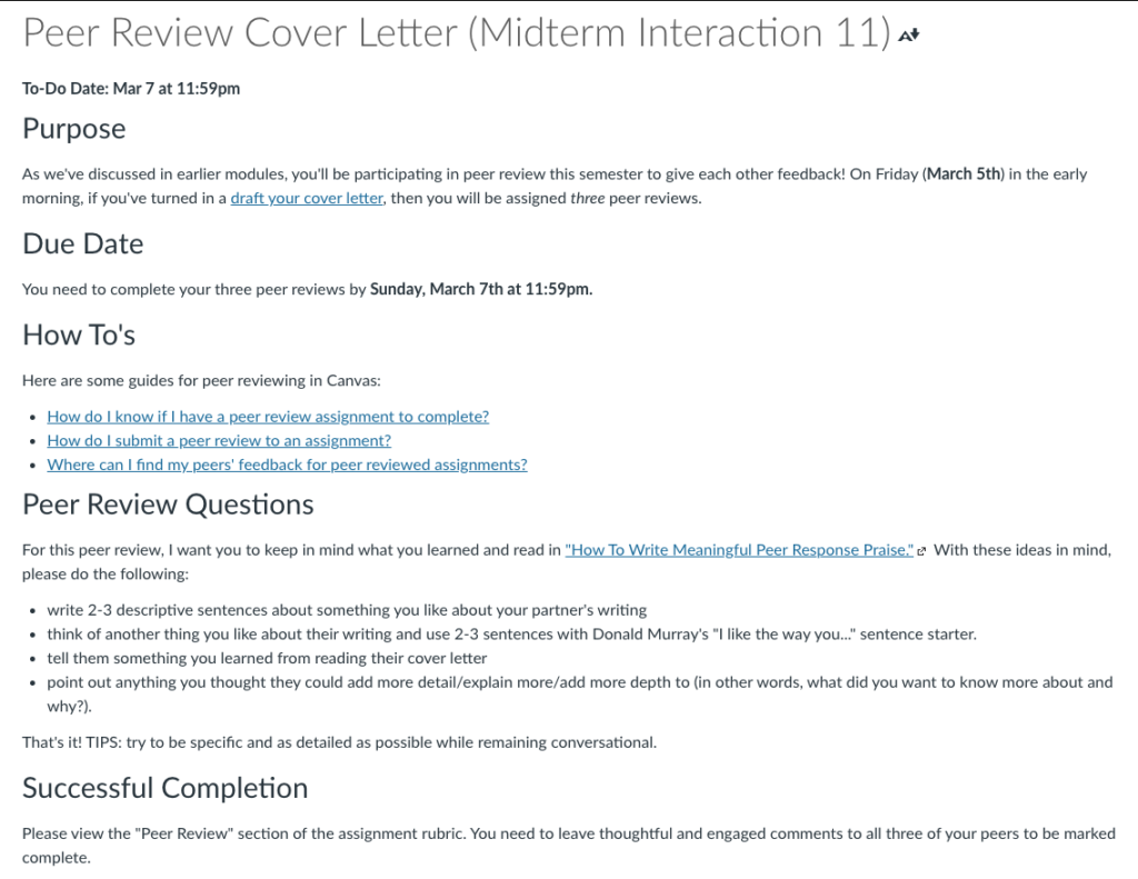 A screenshot of the “Peer Review Cover Letter” page showing the transparent assignment design of the activity. It includes the purpose, due date, how-to guide links, peer review questions, and successful completion criteria.