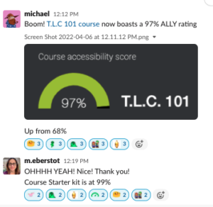 Screenshot of Slack messages between Michael and Megan from TLi celebrating the improved score of the T.L.C. 101 course and Course Starter Kit