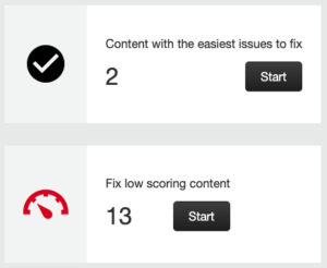 Screenshot of the ALLY Accessibility Report that lists the number of content with the easiest issues to fix in the course and the number of low scoring content (often with a red gauge or accessibility score of 0-33%)