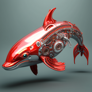 Image generated by Midjourney using the prompt: robotic dolphin in red and silver color scheme