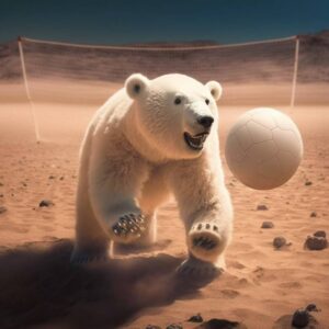 Image generated by Midjourney using the prompt: polar bear playing volleyball on Mars
