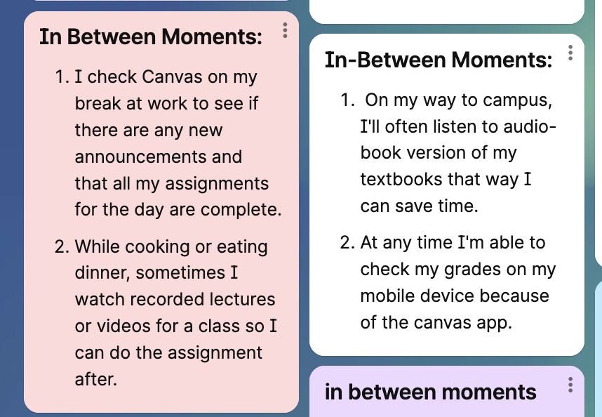 Screenshot of a reflection activity at the end of the Mobile Learning Module where students were asked to share there in-between moments.