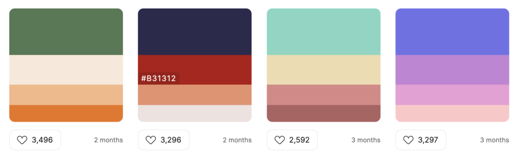 A sample of different retro color palettes from Color Hunt's website.
