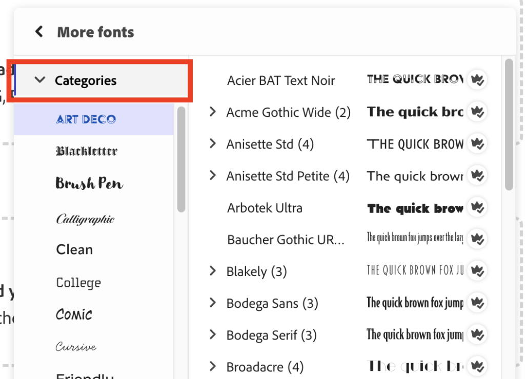 Screenshot of the expanded "More fonts," section highlighting the "Categories," panel.