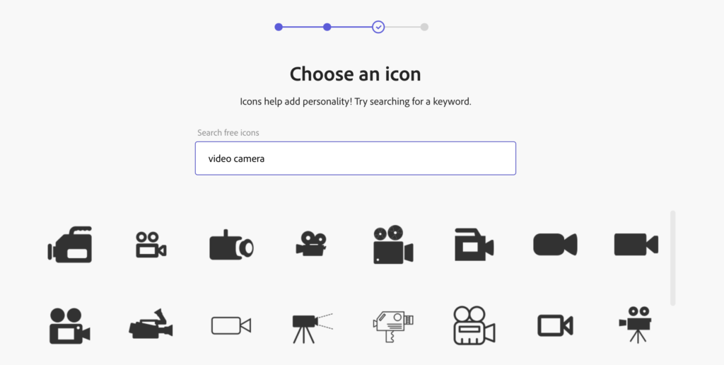 A screenshot of various video camera icons available in Adobe's logo creator.