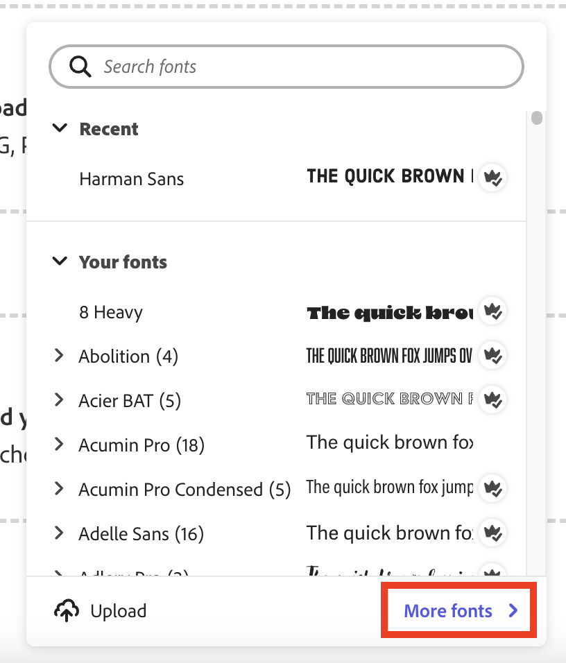 Screenshot of the Fonts section of the brand creation page highlighting the "More fonts" option.