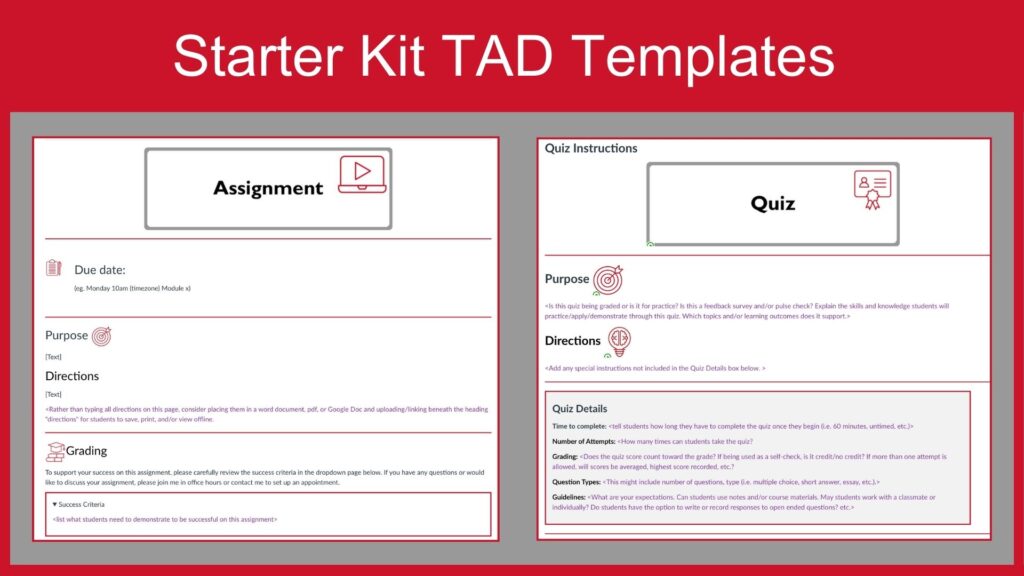 Screenshot includes a snapshot of the TAD Assignment and Quiz (or Exam) Templates