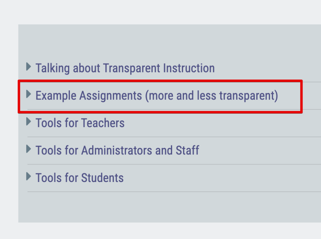 Screenshot of the TLT resources page displaying the menu option with the Example Assignments (more and less transparent) section highlighted in a colored box. It is the second of five choices.