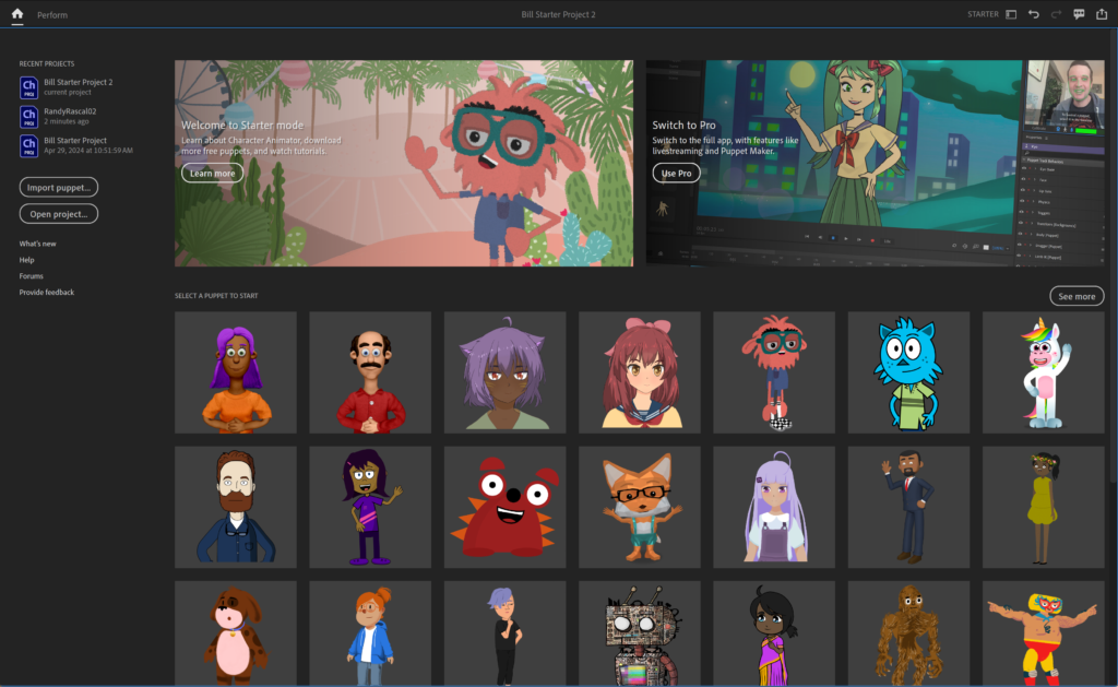 Main menu of Character Animator with 33 puppets.