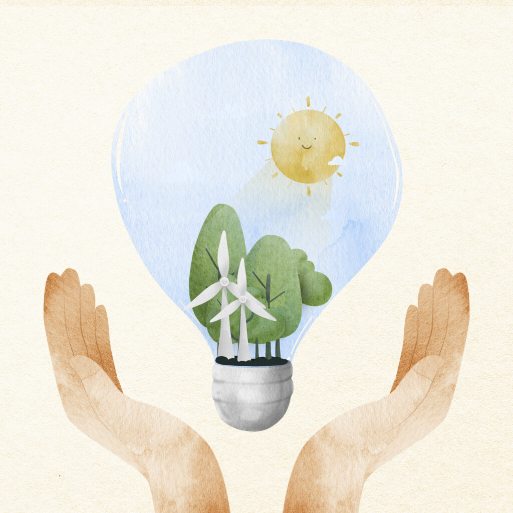 Hands support a lightbulb shape that hovers just above them. Inside the bulb are green trees, white windmills, and a yellow sun with a smiling face.