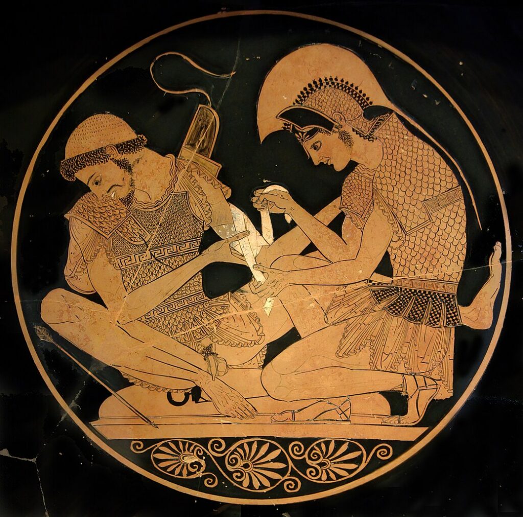 Close-up of a Greek vase of Achilles bandaging a wounded Patroclus