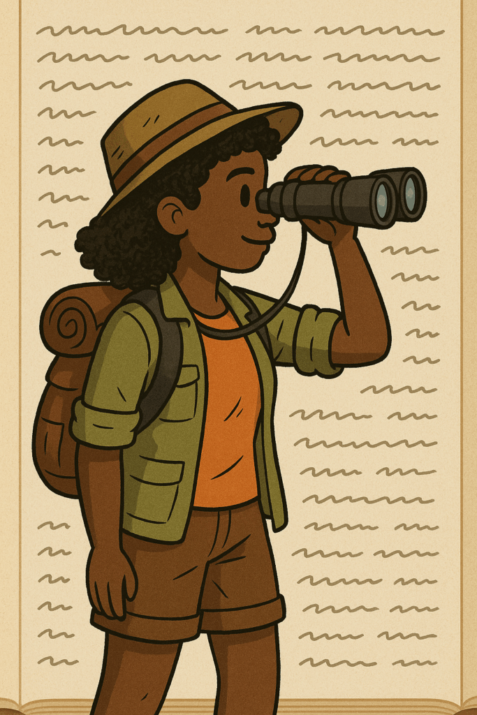 Woman explorer looking through binoculars with written words on a page as the background, made with the assistance of DALL-E in ChatGPT.