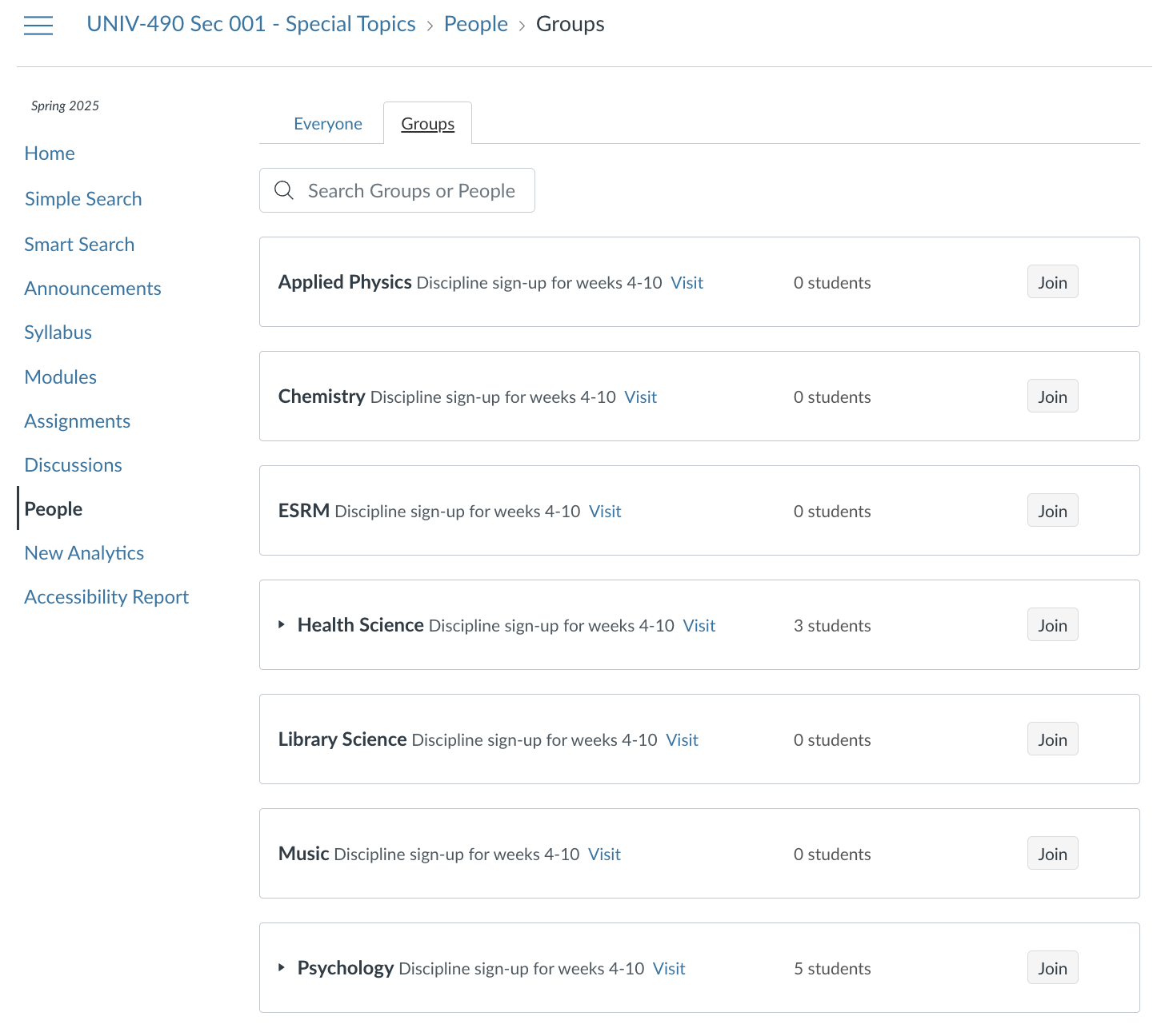 Screenshot of Canvas page allowing for students to self-enroll in selected disciplines, ensuring they only see modules relevant to their chosen topic.
