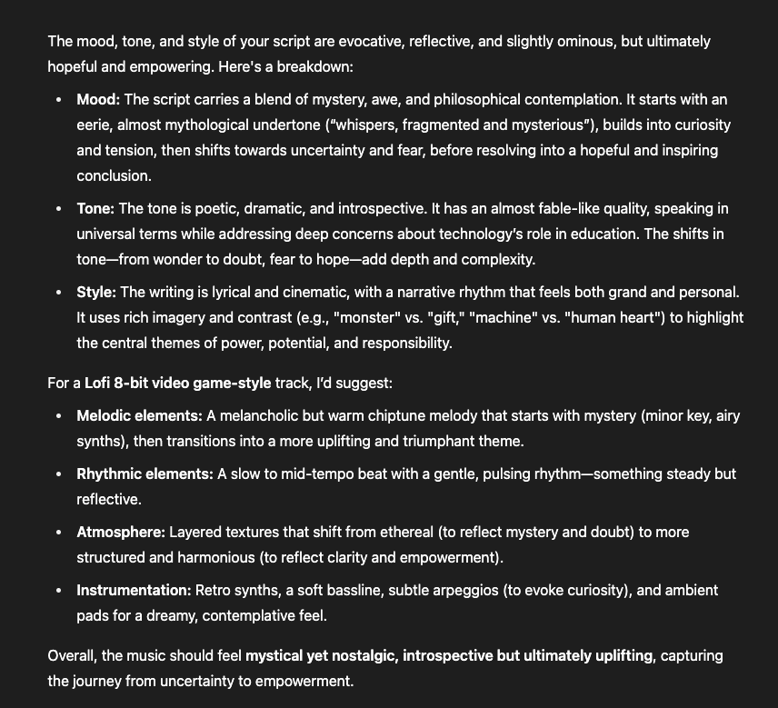 A screenshot of the response by ChatGPT about mood, tone, and style