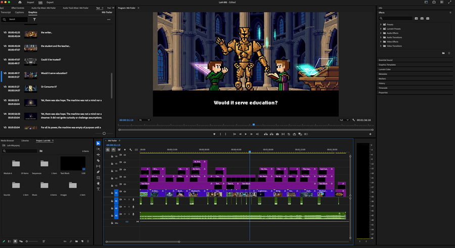 Screenshot of Adobe Premiere Pro where all of the content used from SUNO AI and SORA AI were stitched together to create the trailer videos.
