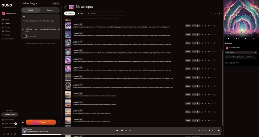 screenshot of suno ai library of generated music Screenshot of the SUNO AI library of music that was used in the trailer videos for Legends of Academia