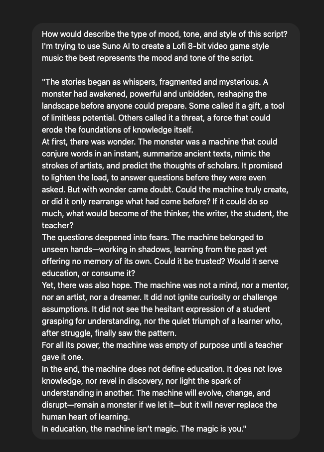 A screenshot of a discussion a user had was ChatGPT asking it to describe the mood and tone of a story