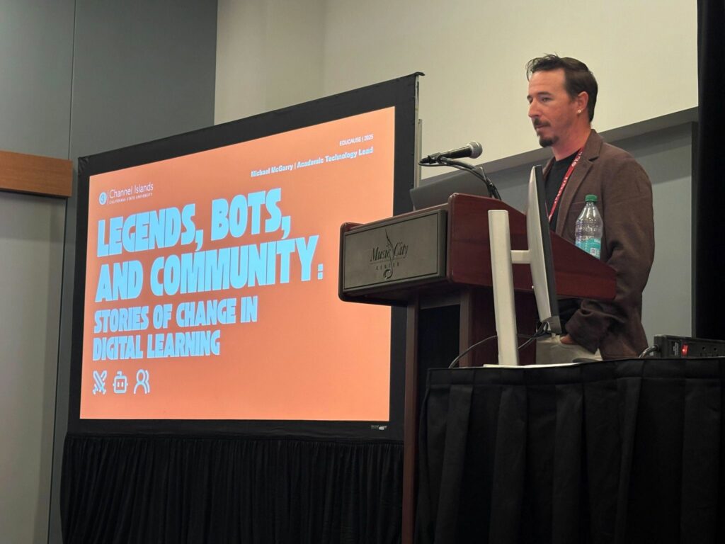 Michael McGarry presenting “Legends, Bots, and Community” at his conference session.
