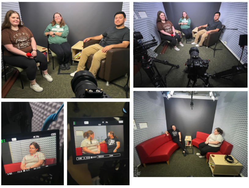 Collage showing behind-the-scenes setup of a podcast-style recording in TLi’s Live Action Room. Includes images of three participants seated in chairs with microphones, multiple camera angles capturing the conversation, and close-ups of camera monitors displaying the guests.