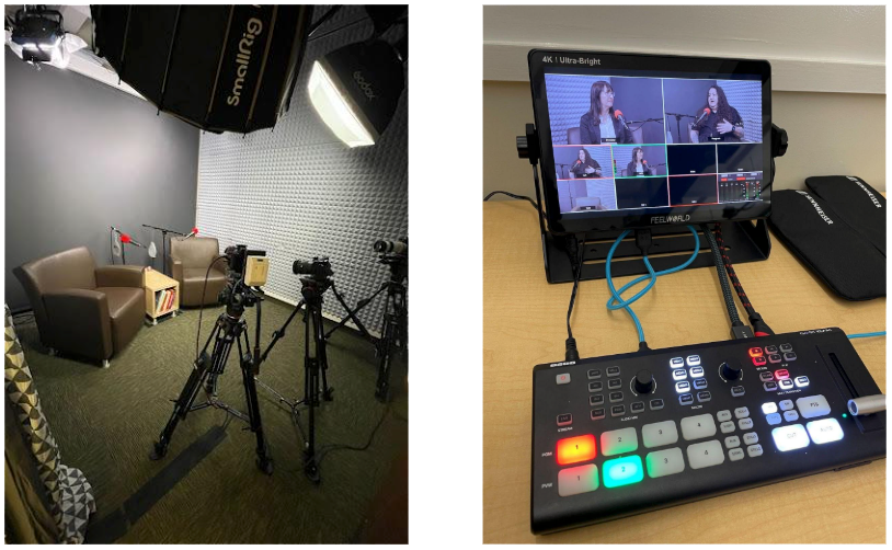 Collage of two images: the first shows a small studio setup with two brown chairs, microphones, and professional lighting equipment; the second shows a video switcher and monitor displaying multiple camera feeds used to control the live recording.