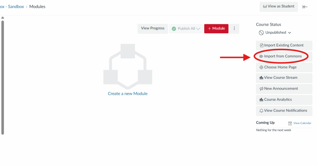 Screenshot of an empty Canvas course shell in the Modules area. On the right,  below the Course Status there is a column of seven buttons, "Import from Commons" (the second button) is circled and an arrow points to it.