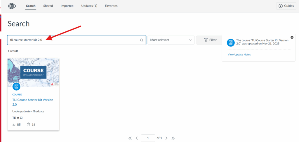 Screenshot of the Canvas Commons search page. showing the search results for “TLi course starter kit 2.0”. Below, one item appears in the search results. 