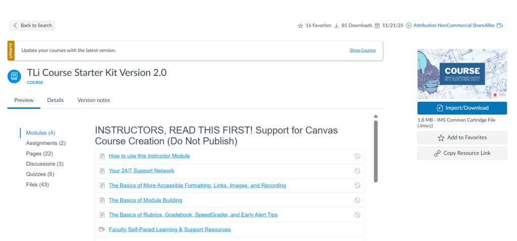 Screenshot previewing the course starter kit showing the module view. On the right side is an Import/Download button.