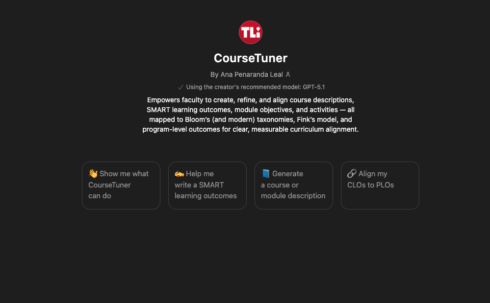 Screenshot of CourseTuner AI Assistant landing page in ChatGPT EDU, includes tool description & starter prompts for course development