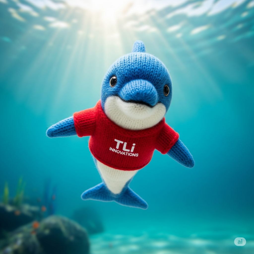 Underwater image of a cute dolphin figure wearing a knitted TLi sweater and smiling at the viewer.