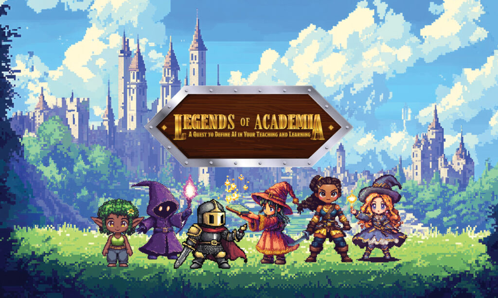 8-bit banner showing a forest kingdom with six fantasy characters below the title ‘Legends of Academia: A Quest to Define AI in Teaching and Learning.