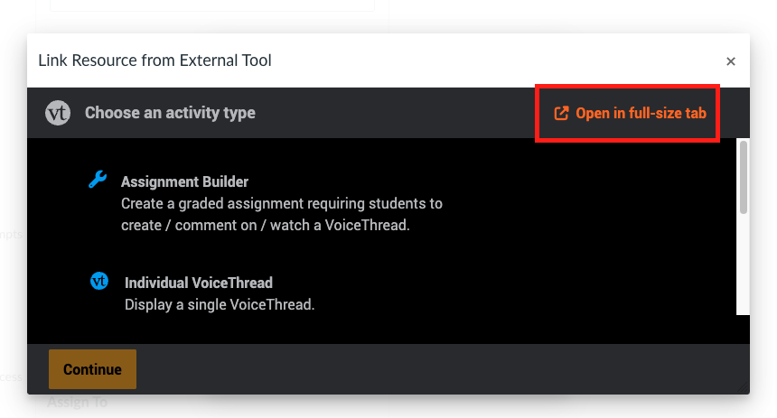 Screenshot highlighting the Open in full-size tab button of the VoiceThread interface