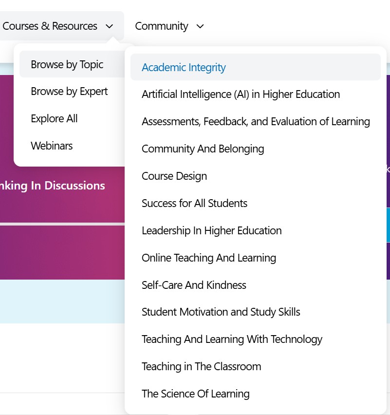 This screenshot features a dropdown menu from the OneHE website. The top menu title is Courses and Resources by Topic. The sub-menu is Browse by Topic. The list of topics is in the text below.